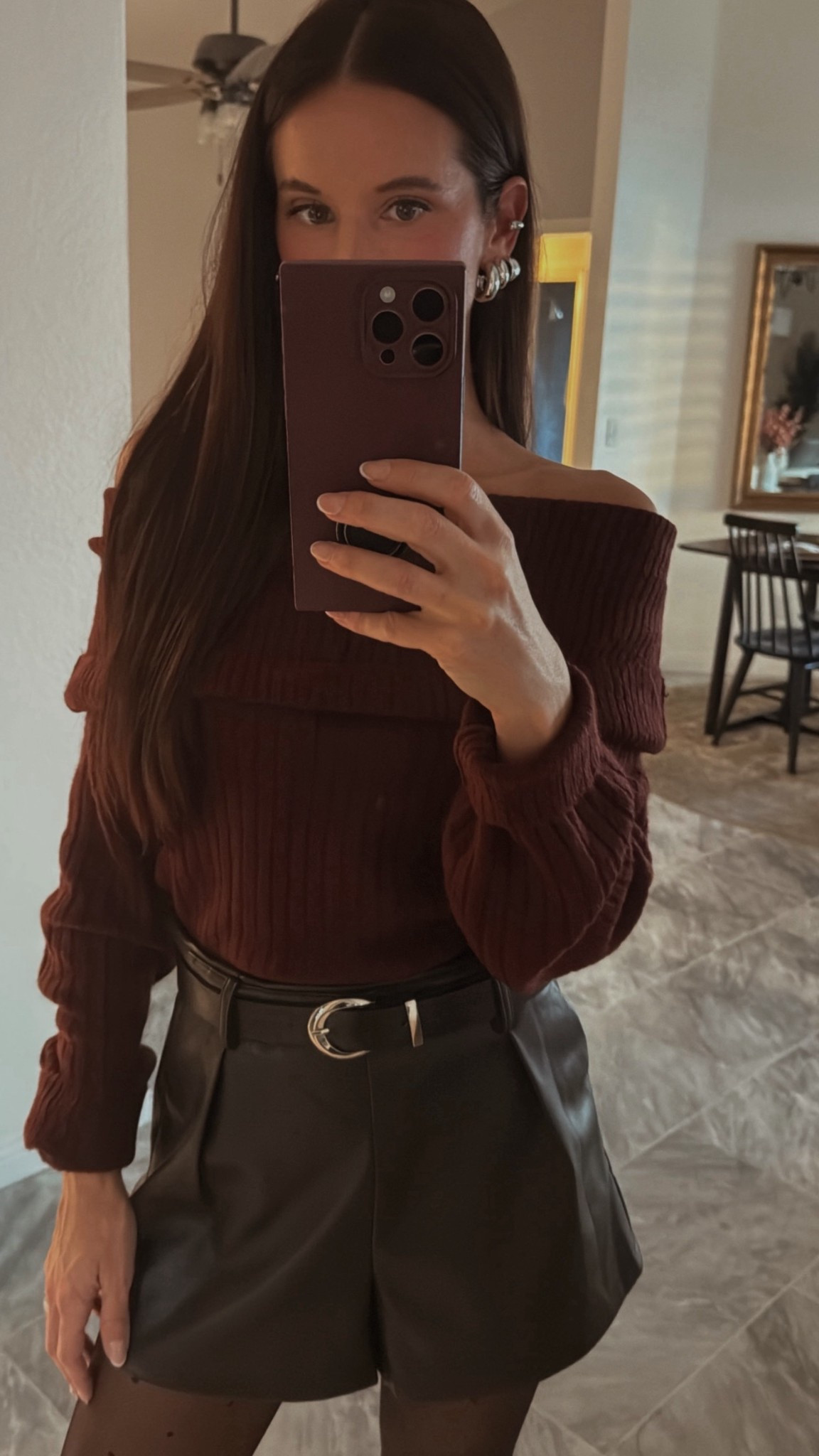 Date night | winter outfit | weekend | GNO | leather shorts | sweater | Valentine’s Day | ootd | off shoulder sweater | maroon | work wear | dinner outfit | asos 

#LTKootd #LTKSeasonal #LTKSaleAlert