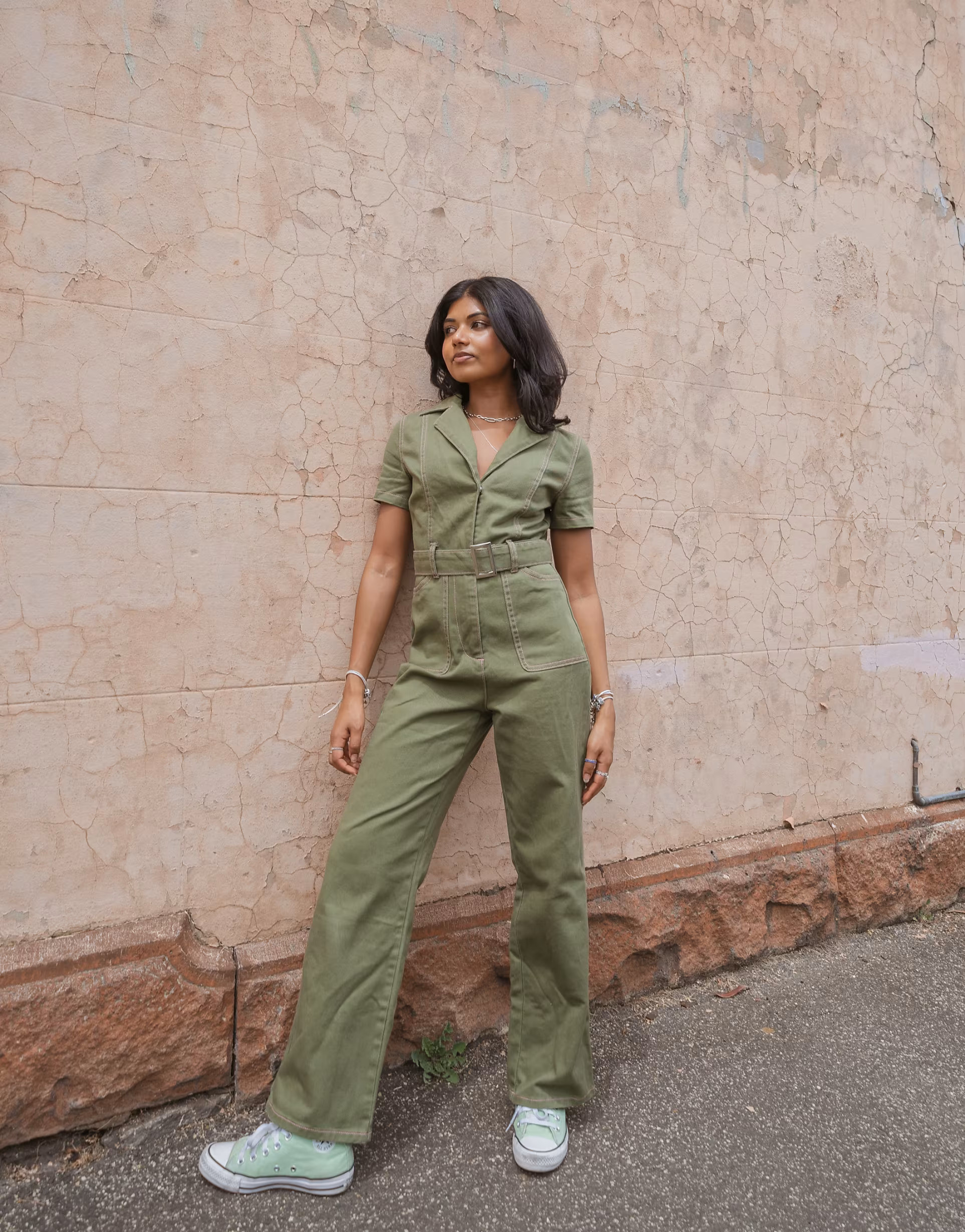 Labelrail x Pose and Repeat - Boilersuit met riem in bosgroen met contrasterende roze stiksels | ASOS (Global)