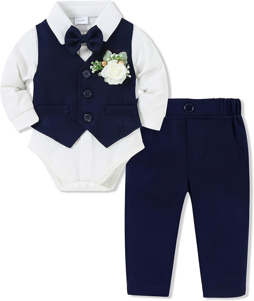 SANMIO Baby Boy Clothes Suits Infant Gentleman Outfit Collared Dress Shirt+Vest+Tie+Corsage+Pants... | Amazon (US)