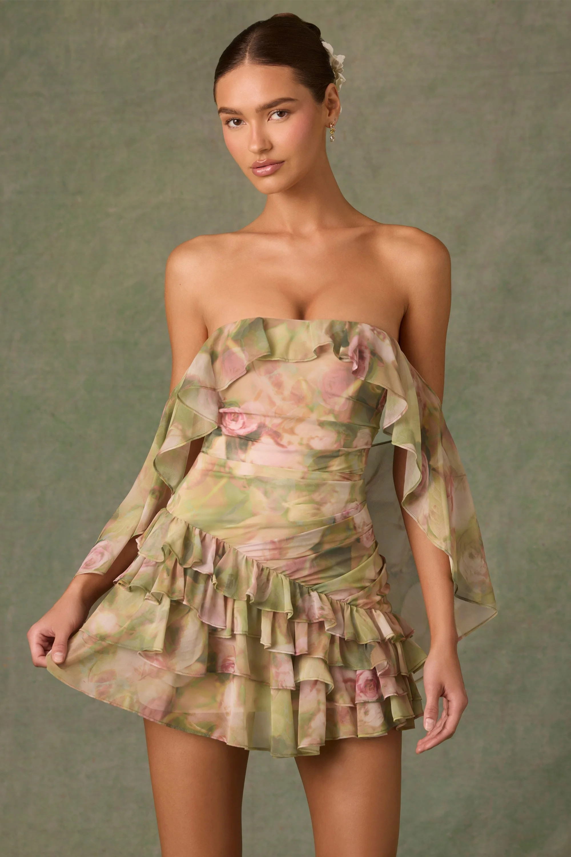 Off-Shoulder Ruffled Mini Dress in Floral Multi Print | Oh Polly