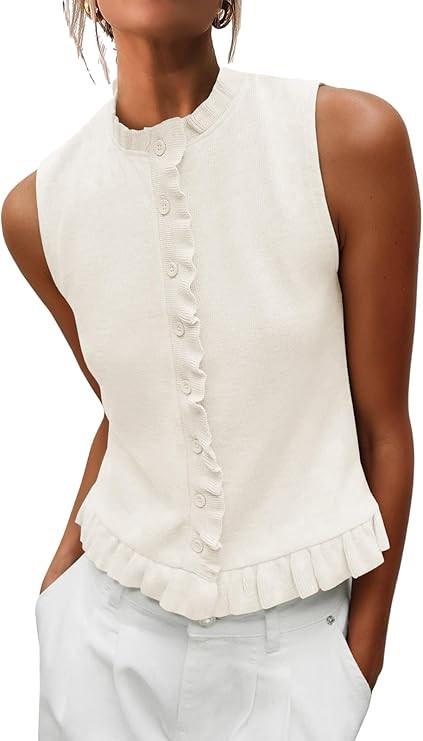Womens Button Down Sweater Vests Sleeveless Ruffle Mock Neck Ribbed Tanks Summer Boho Vacation To... | Amazon (US)