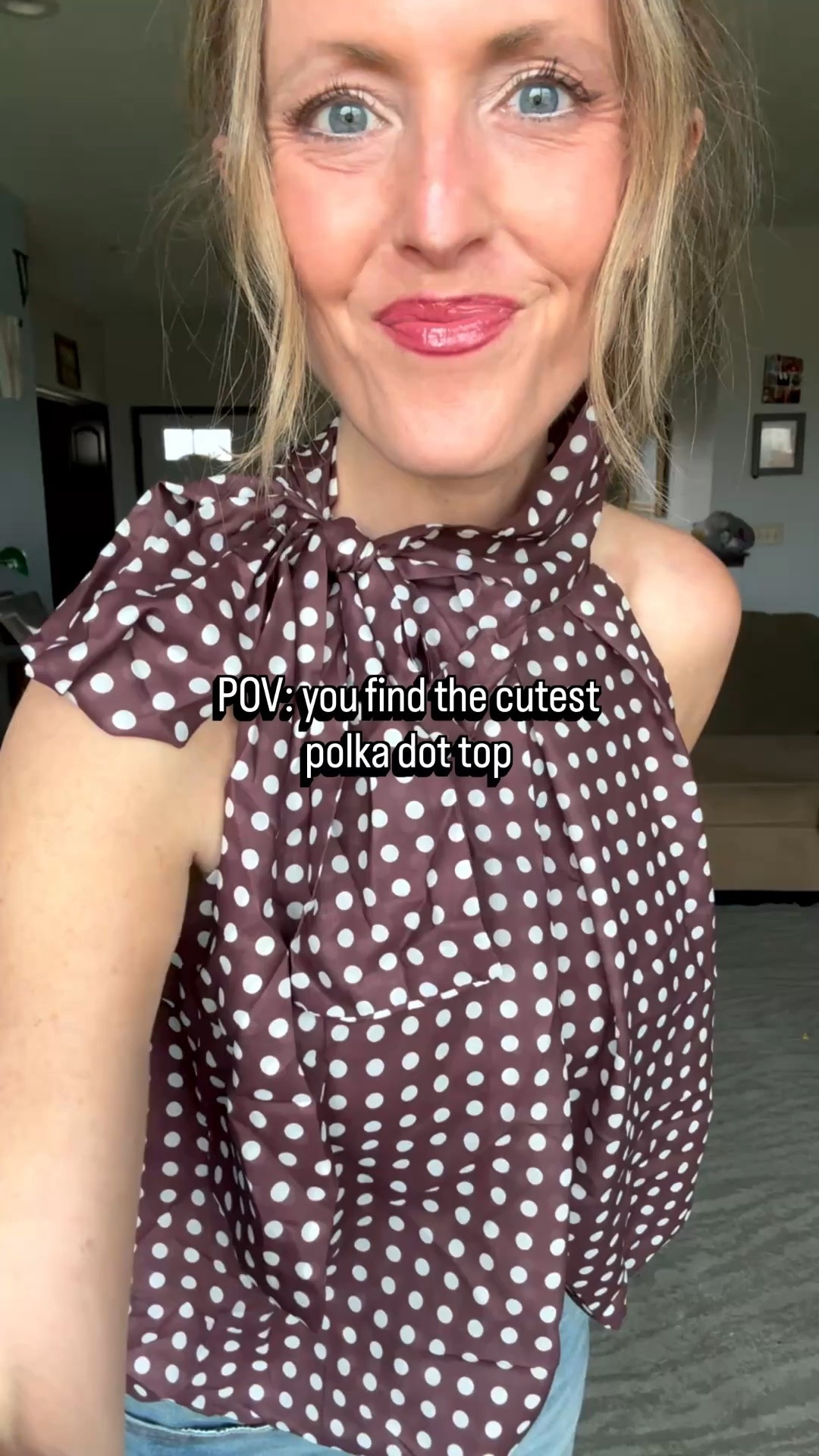 This brown polka dot bubble hem halter top is so stinkin’ cute! 🤎 Wearing an xsmall.

As an Amazon Influencer I earn commission on qualifying purchases.

Bubble hem top, brown spring top, wide leg denim, spring outfit inspo 2026, date night outfit inspo, mom style 

#LTKootd #LTKMidsize #LTKOver40