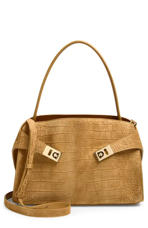 FERRAGAMO Hug Croc Embossed Suede Handbag in Naturale at Nordstrom | Nordstrom