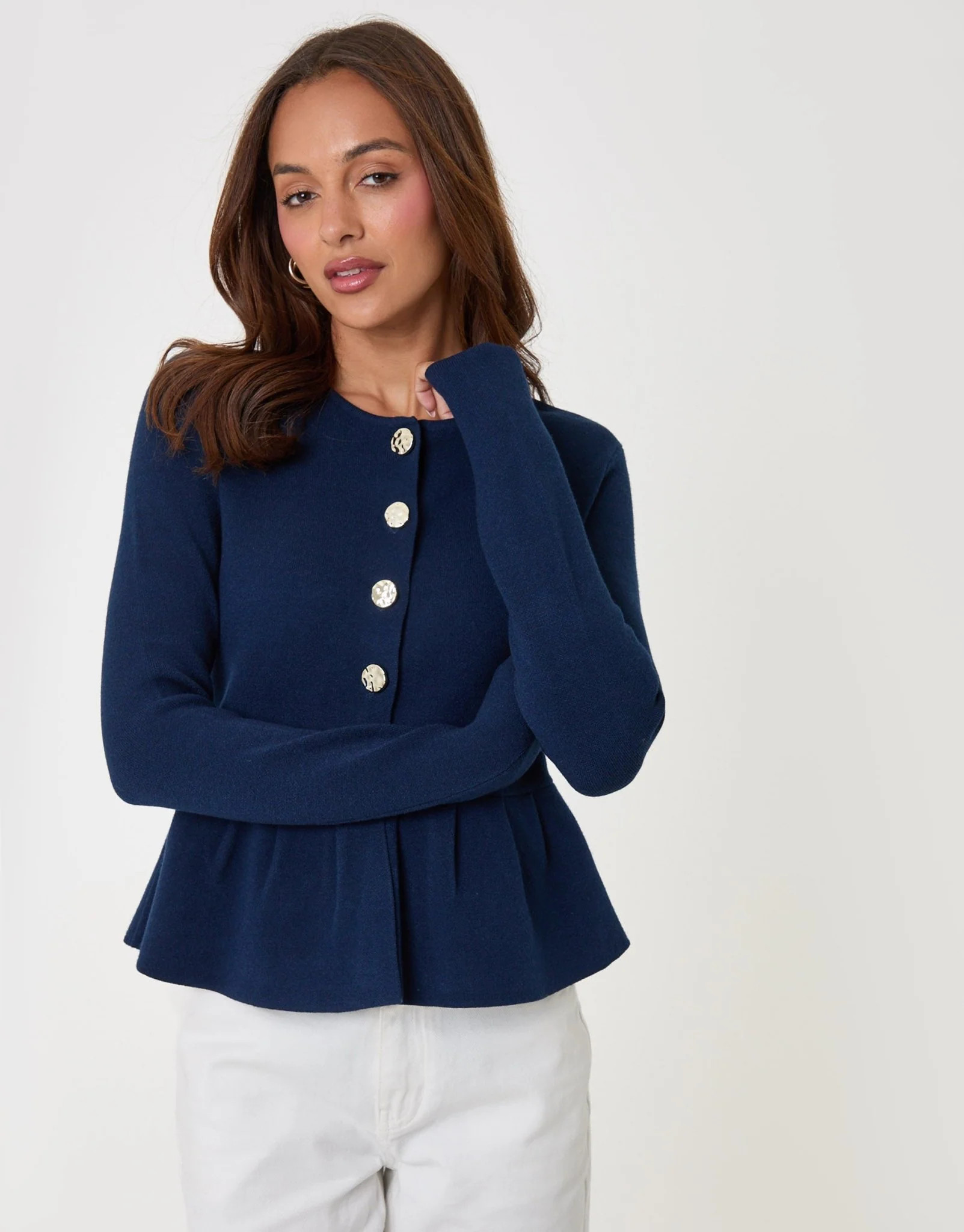 Crew Neck Peplum Cardigan in Navy | Threadbare UK