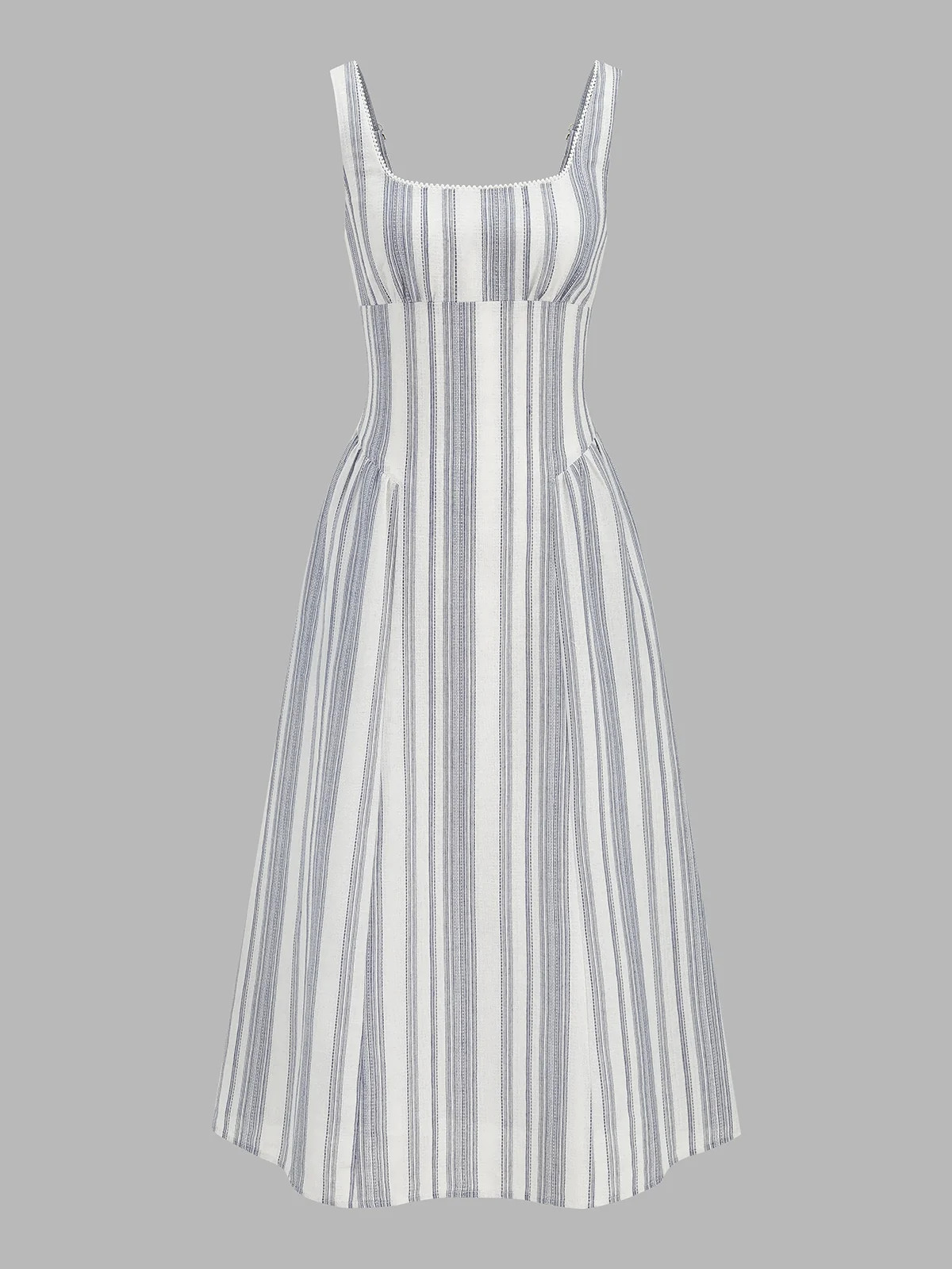 Lace Trim Square Neck Striped Midi Dress | Commense