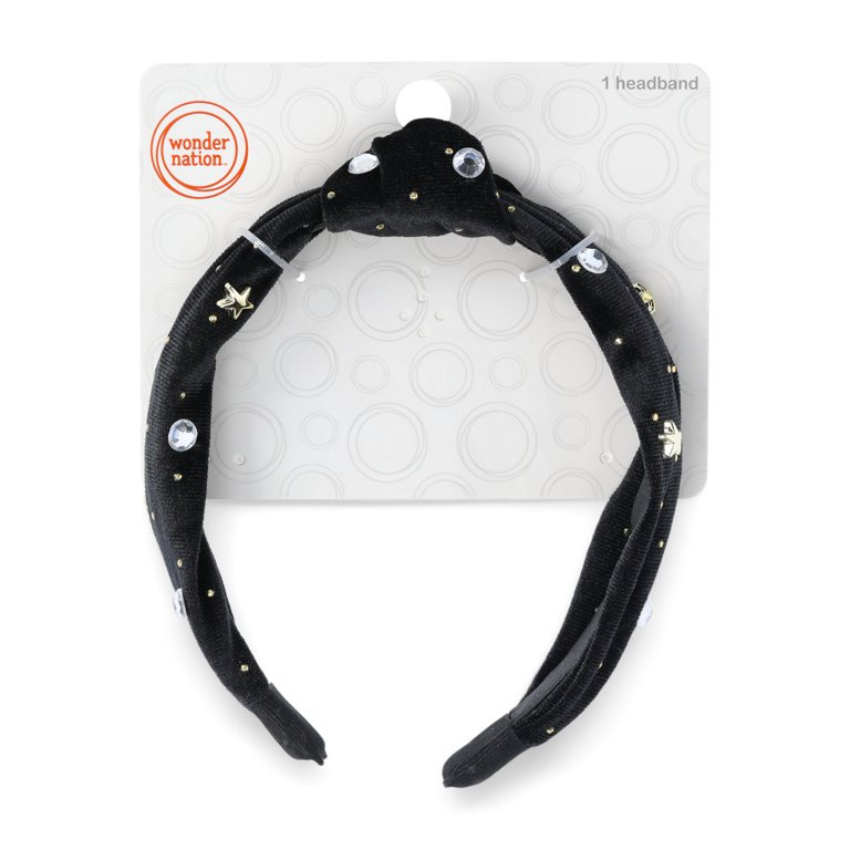 Wonder Nation Girls Embellished Velvet Top Knot Headband, Black/Gold | Walmart (US)