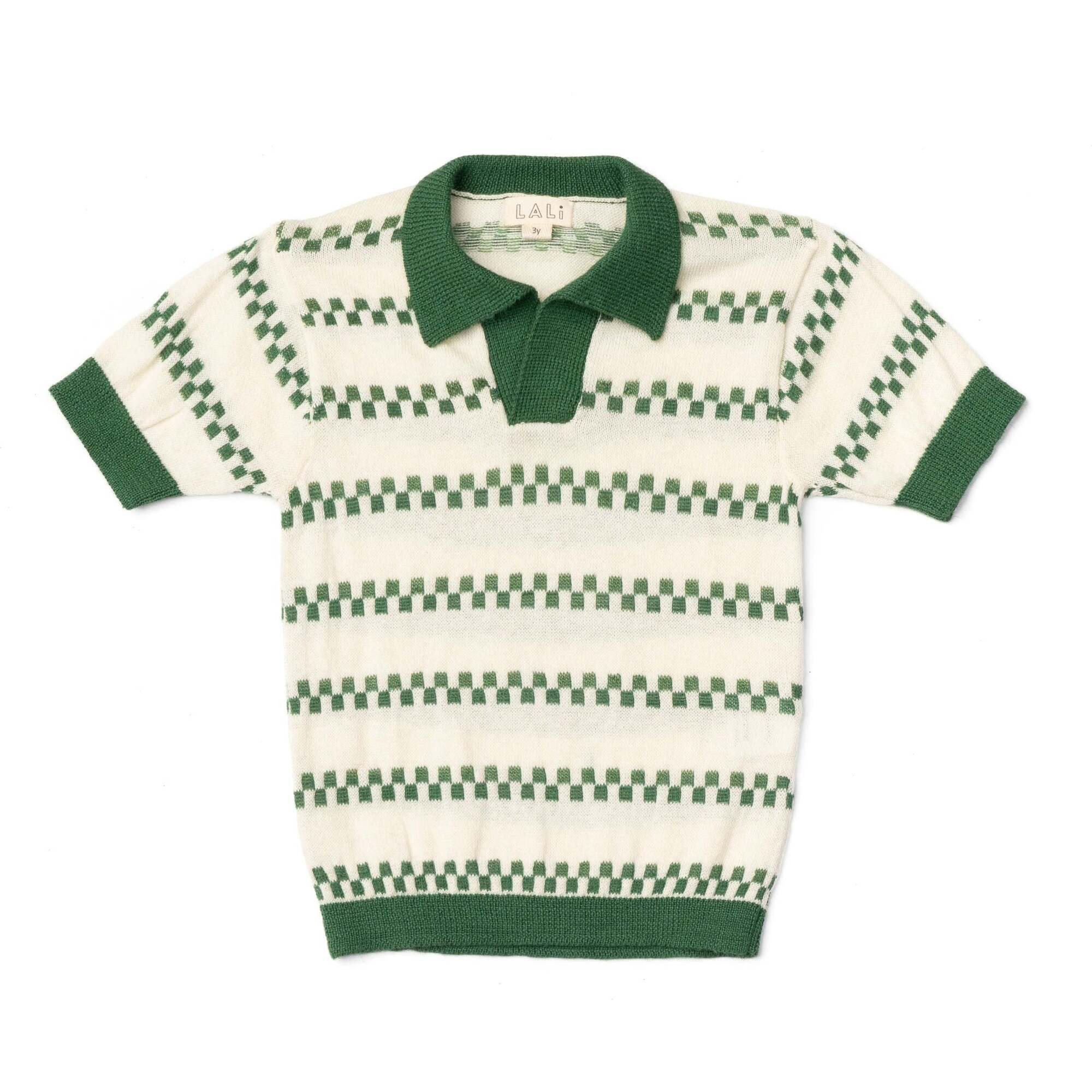 Ames Swiss Cross Knit Contrast Ribbed Trim Short Sleeve Sweater, Cream & Green | Maisonette