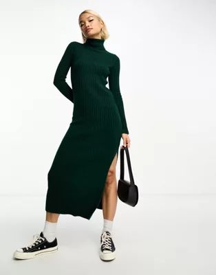 ASOS DESIGN knitted maxi dress with high neck and side split in dark green | ASOS (Global)