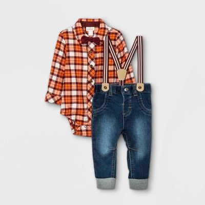 Baby Boys' Plaid Denim Suspender Top & Bottom Set with Bowtie - Cat & Jack™ Maroon | Target