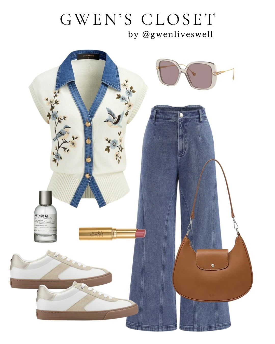 An easy denim look with a little personality. 🤍 

I love the embroidered details on this @Commense sweater vest—and the denim collar and trim give it such a fun twist. I paired it with wide-leg jeans, neutral sneakers and a cognac bag for an outfit that feels casual and comfortable but still intentional. Add oversized sunglasses, a favorite fragrance and a swipe of lip color, and you’re ready for the day.

Enjoy 12% off Commense sitewide with code GWENLIVESWELL_12

#LTKootd #LTKOver40 #LTKgrwm