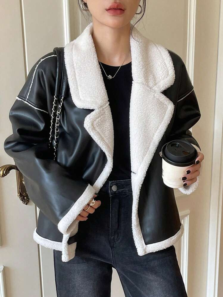 DAZY Women's Contrast Color Faux Shearling Jacket, Autumn/Winter Leather Jacket Women Coats | SHEIN