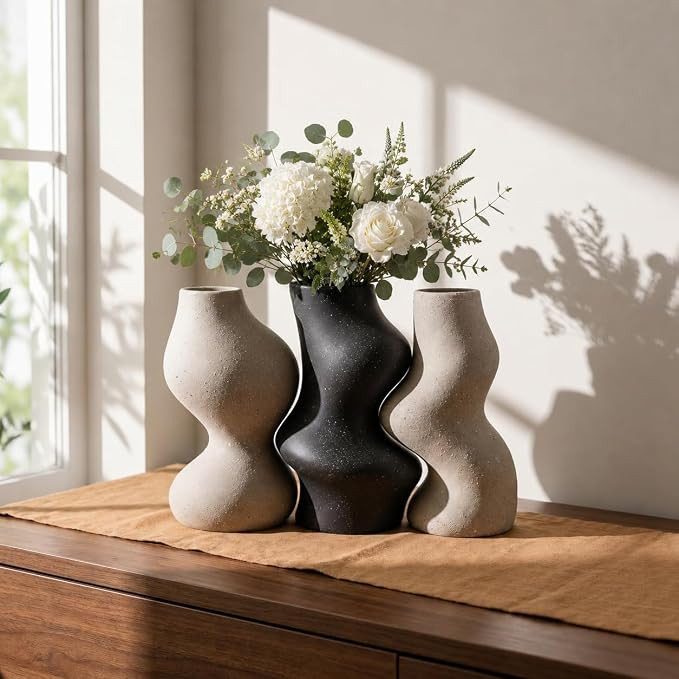 BosilunLife Decorative Vase Set of 3, Nested Curved Recycled Ceramic, Speckled Wabi-Sabi Home Dec... | Amazon (US)