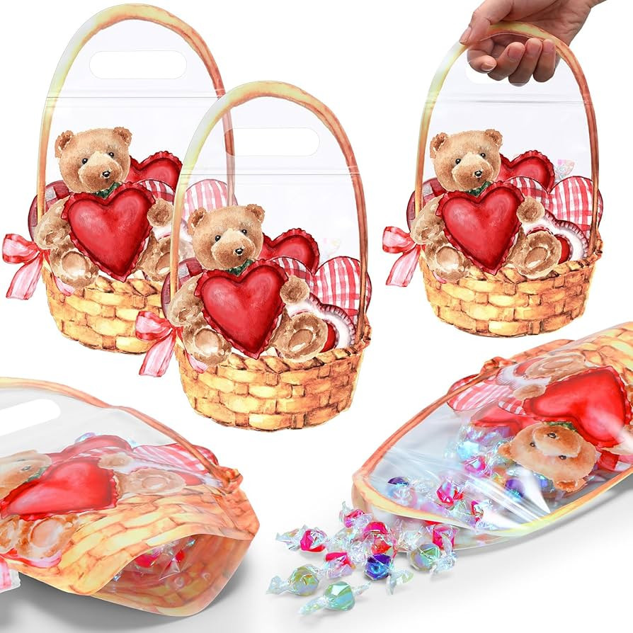 Spakon 50 Pcs Valentine's Day Plastic Goodie Bags with Handles 10.1 x 7.3 Inch Heart Bear Clear S... | Amazon (US)