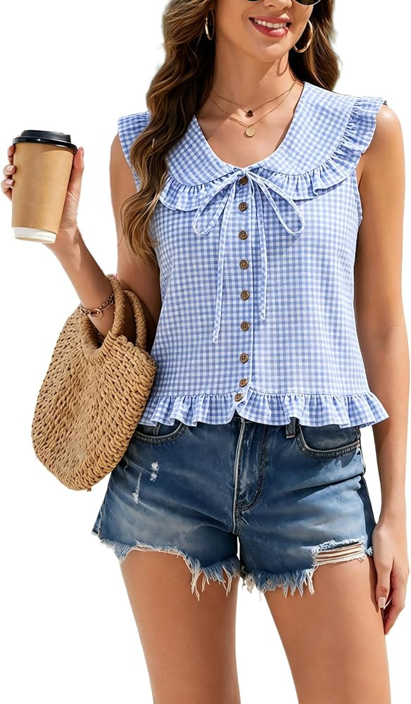 Women's Gingham Ruffled Sleeveless Blouse - Summer Casual Button Down Shirts for Work Travel Dail... | Amazon (US)