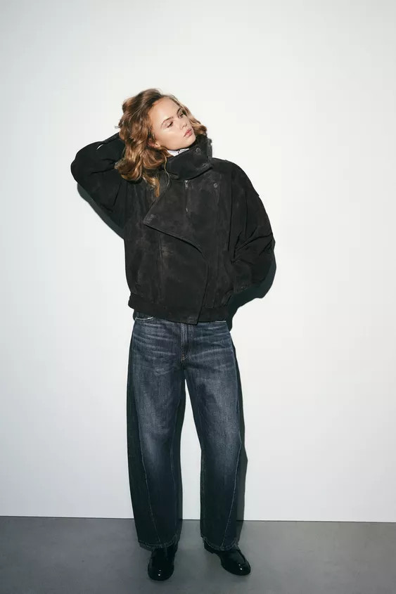 100% SUEDE LEATHER BIKER JACKET WITH COVERED BUTTONS | Zara UK