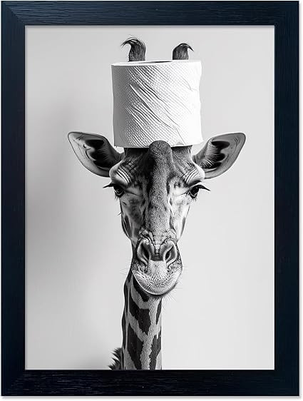 Framed Funny Bathroom Wall Art, Giraffe with a Toilet Paper Roll on Head Decor, Black and White B... | Amazon (US)