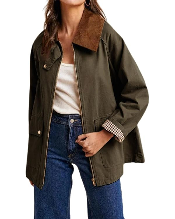 Women's Barn Jackets Fall Color Block Corduroy Collar Utility Coat Outerwear with Pockets | Amazon (US)