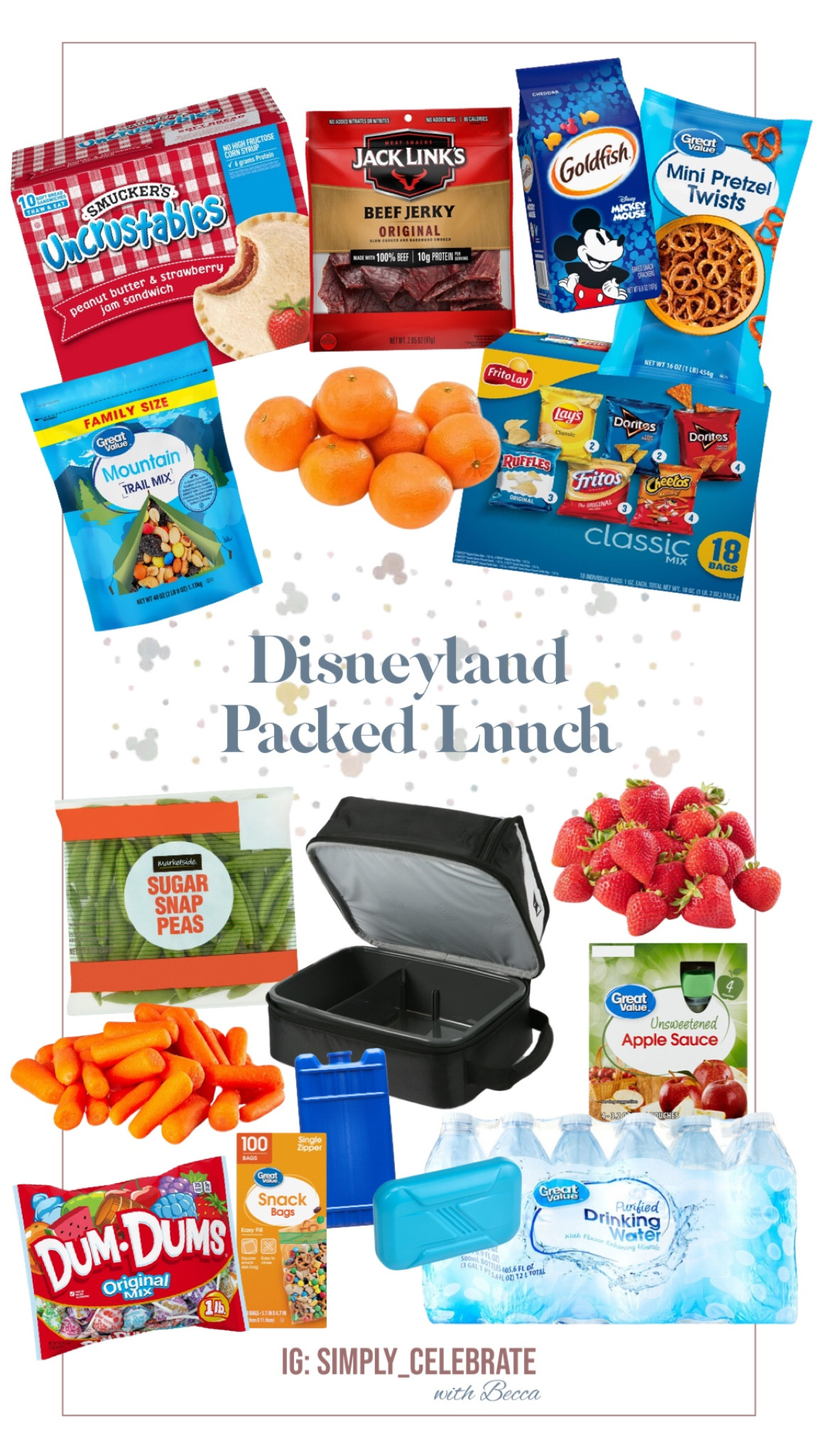 Save money at Disney parks by ordering these items for grocery pickup or delivery — and have everything you need to pack balanced lunch and snacks each day! 🏰

*ice packs included because the parks do not allow loose ice! 
*trade out any items for your own preferences/allergies
*make sure you have the quantities  needed for your family and number of days 
*store cold items and produce in a cooler with ice packs under a stroller or in a locker during the day

Hope this saves you time planning your trip! 

See my other Disney packing posts for items like wipes, hand sanitizer, Fanny packs etc. 

Have the most magical time at Disney! ✨ 
❤️Becca