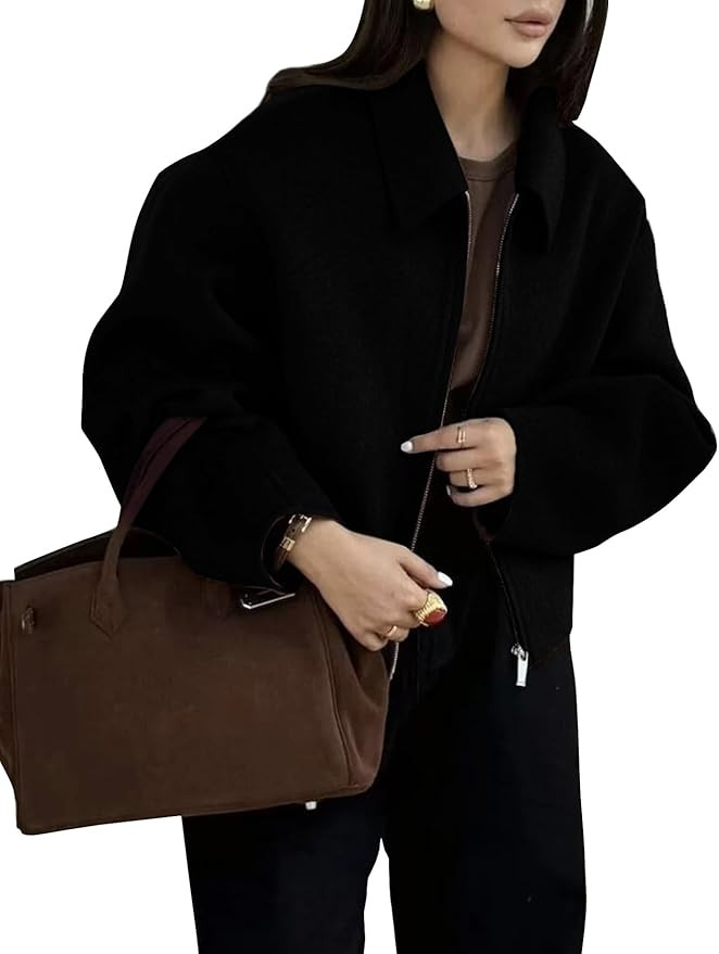 Womens Cropped Wool Jacket Warm Winter Fleece Bomber Jacket Zip Up Short Pea Coats with Pockets | Amazon (US)