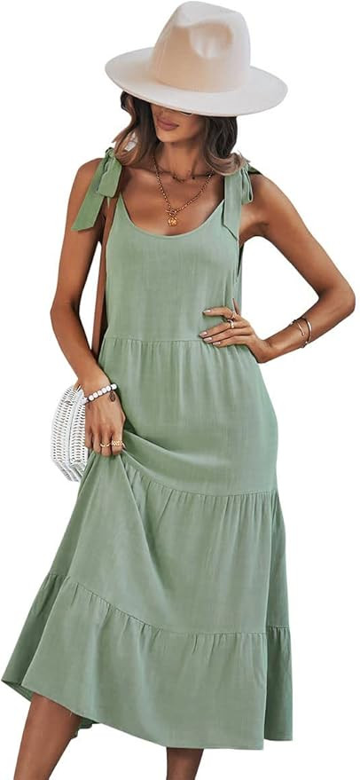 chouyatou Women's Summer Adjustable Spaghetti Strap Solid Ruffle Swing Midi Dress | Amazon (US)