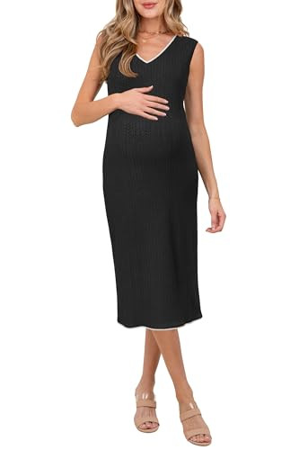 OUGES Womens 2025 Summer Black Maternity Dress Business Casual Outfit Cable Knit Sweater Bodycon Slim Fit Tank Dress Trendy Clothes(Black,XL) | Amazon (US)