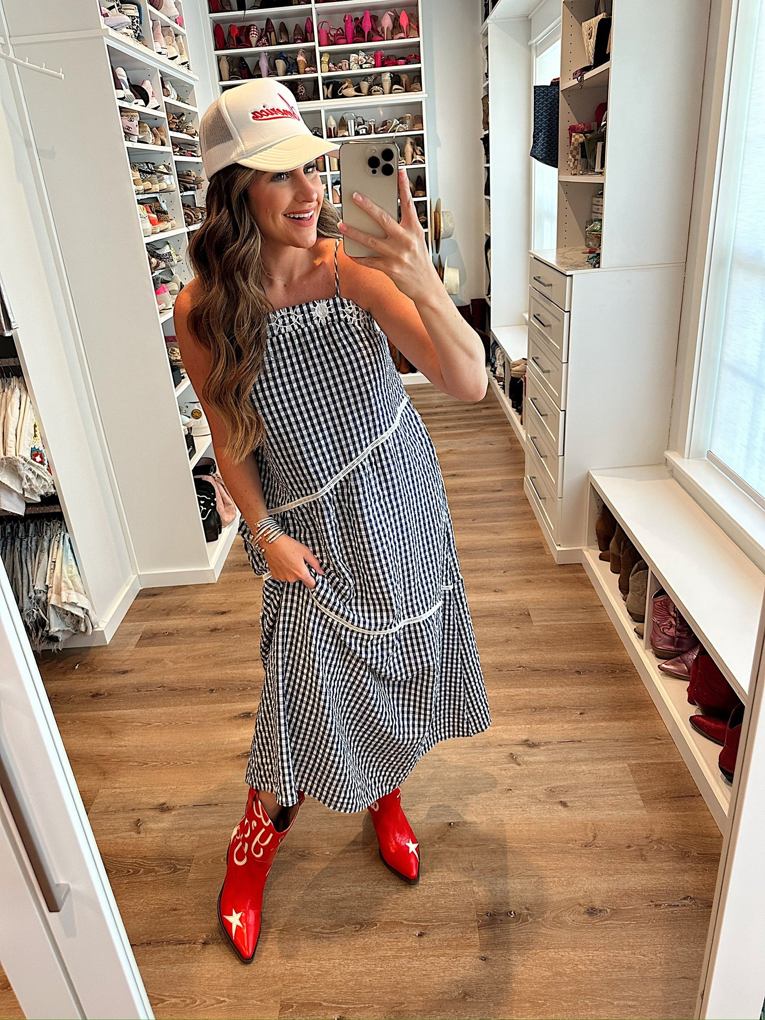 In a medium asymmetric boho maxi, America hat, red cowboy boots and accessories for patriotic look- fits tts.

#LTKFindsUnder50 #LTKSeasonal #LTKStyleTip