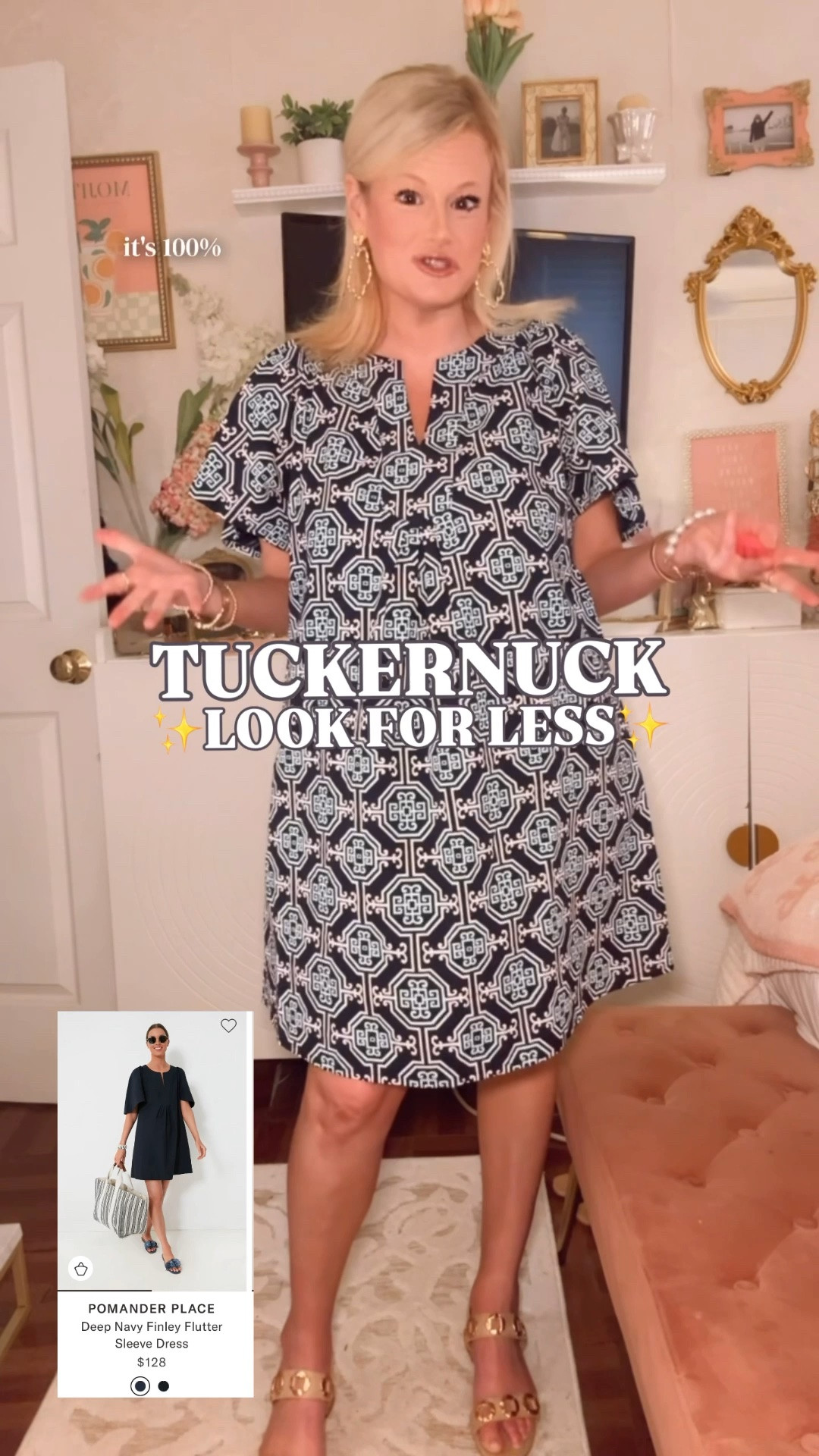 Tuckernuck Finley dress look for less, preppy summer dress, 100% cotton dress, summer outfit women

This is giving Tuckernuck Finley dress energy without the $128 price tag, and the timing is very good because it’s buy 1, get 2 free right now. 👀

The preppy navy print, split neckline, easy flutter sleeves, relaxed shift shape, and 100% cotton fabric make this feel like one of those summer dresses you wear over and over. 

I’m in a medium with plenty of room. It runs generous, so if you’re between sizes, I’d go down.

This is the kind of dress that works hard in a summer wardrobe: brunch, errands, vacation mornings, beach town shopping, lake weekends, casual dinners, teacher outfits, church, school pickup, summer work outfits, and everyday plans. 

Style it with gold sandals, raffia, white sneakers, a straw tote, pearl earrings, or a denim jacket for that classic preppy summer look.

If you love Tuckernuck dresses, the Tuckernuck Finley dress, Pomander Place style, navy summer dresses, cotton dresses, preppy dresses, vacation dresses, resort outfits, casual summer dresses, teacher outfits, summer work outfits, coastal style, classic preppy style, and designer look for less finds, this one is absolutely worth checking while the promo is this good.

Tuckernuck Finley look for less, Tuckernuck dress look for less, Tuckernuck inspired dress, Pomander Place look for less, navy dress women, printed shift dress, cotton dress women, preppy summer dress, summer outfit women, vacation dress women, resort dress women, teacher outfit, work outfit women, coastal preppy style, designer look for less

#LTKFindsUnder100 #Tuckernuck #LookForLess #PreppyStyle #SummerDress

#LTKWorkwear #LTKSaleAlert #LTKSeasonal