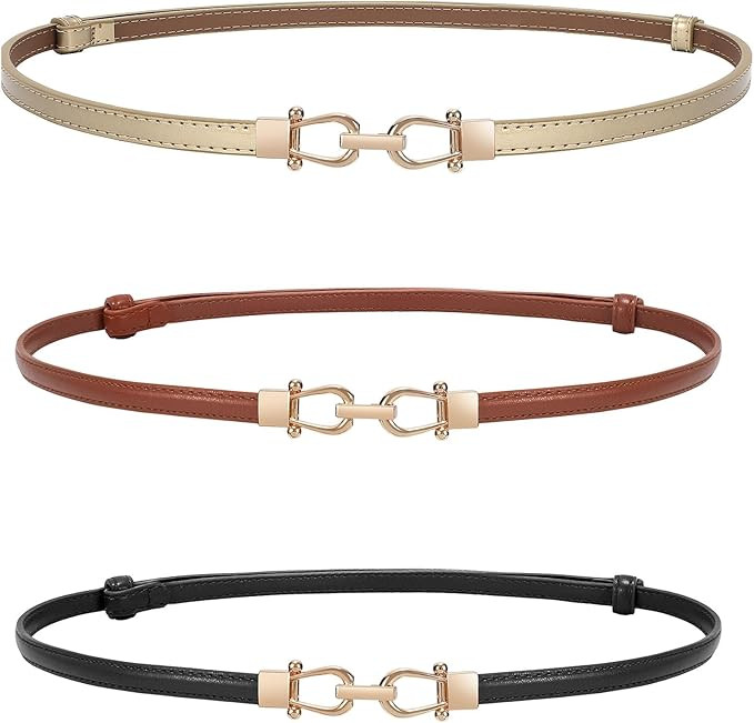 WERFORU Women 3 Pack Skinny Belt for Dress,Thin Waist Belt - Adjustable Leather Belt with Gold Bu... | Amazon (US)