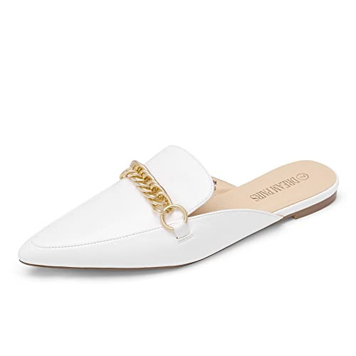 DREAM PAIRS Womens Flat Mules Buckle Pointed Toe Backless Slip on Slides Loafer Shoes, White-1-7.5 (Dml211) | Amazon (US)