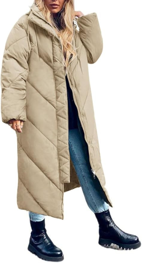 Yousify Women's Hooded Long Puffer Coat Winter Longer Thickened Down Jacket Zip Cotton Outwear | Amazon (US)