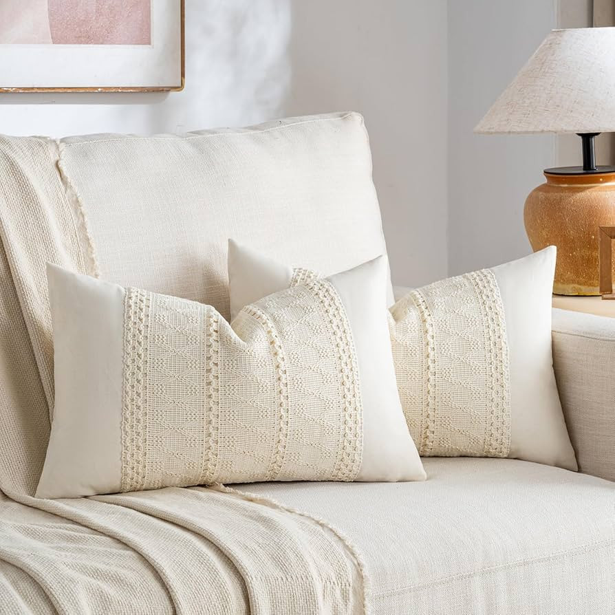 Fancy Homi Set of 2 Boho Cream Lumbar Decorative Throw Pillow Cover 12x20 Inch for Couch Bed Sofa... | Amazon (US)