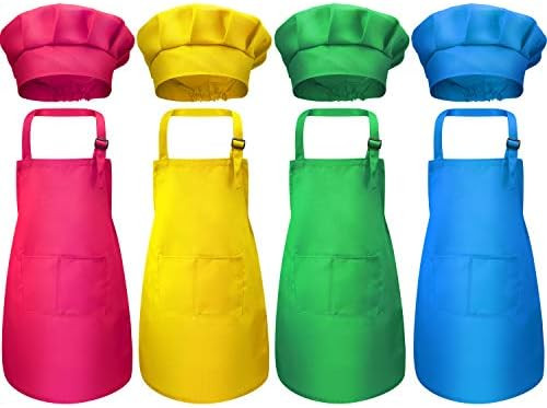 Chengu 8 Pieces Kids Apron and Chef Hat Set, Boys Girls Adjustable Child Aprons with 2 Pockets Kitch | Amazon (US)