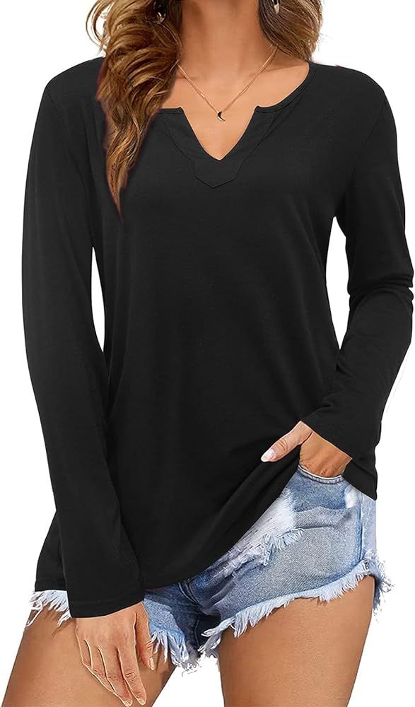 STYLEWORD Women Long Sleeve V Neck Shirt Tunic Top Tee Blouse Casual Cute Solid Loose Basic(Black,M) | Amazon (US)
