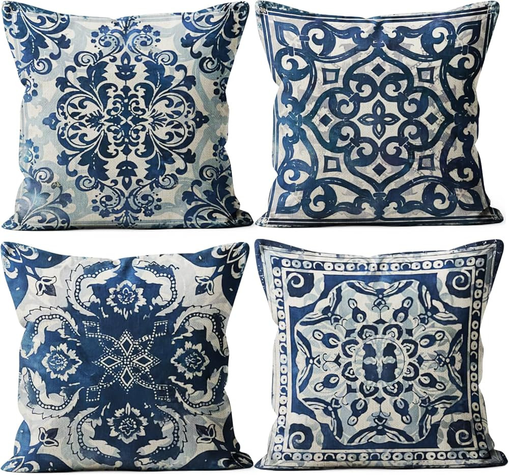 Blue Throw Pillow Covers - Linen Blue Pillow Covers 18x18 Set of 4, Decorative Blue and White Pil... | Amazon (US)