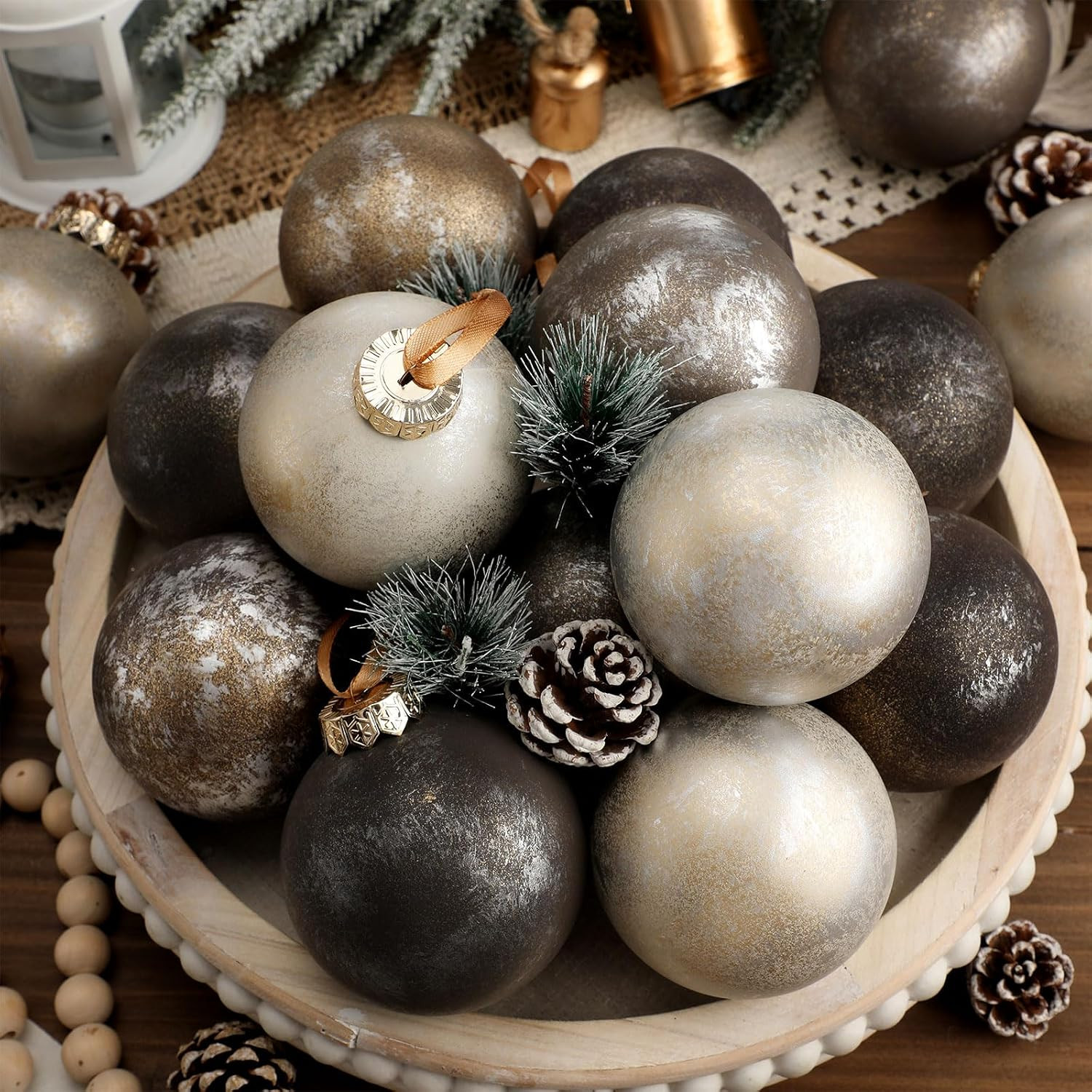 15 Pcs Rustic Neutral Christmas Ornaments 3.15", Bronze Champagne Gold | Amazon (US)
