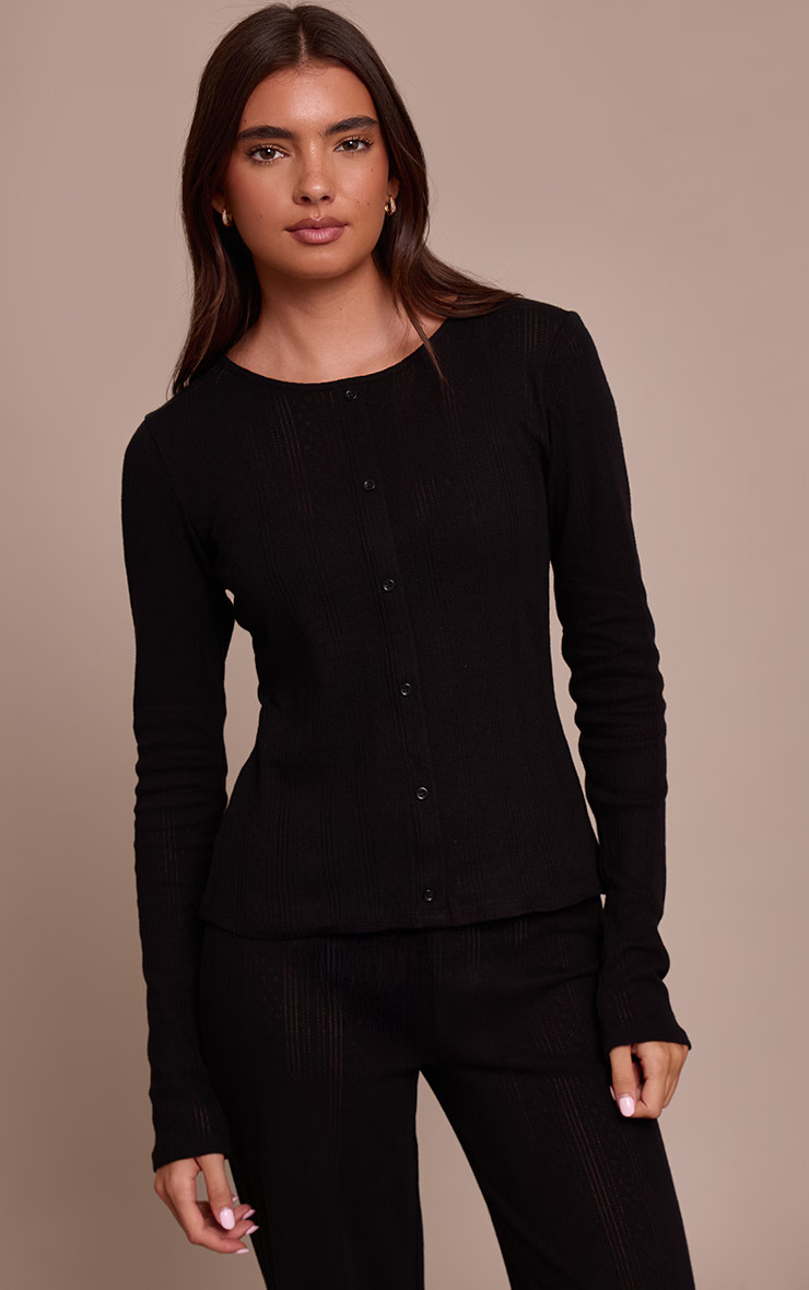 Black Pointelle Button Up Long Sleeve Top | PrettyLittleThing UK