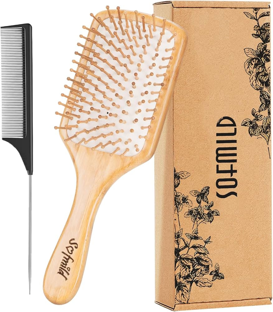 Hair Brush-Natural Wooden Bamboo Brush and Detangle Tail Comb, Paddle Hairbrush for Women Men and... | Amazon (US)