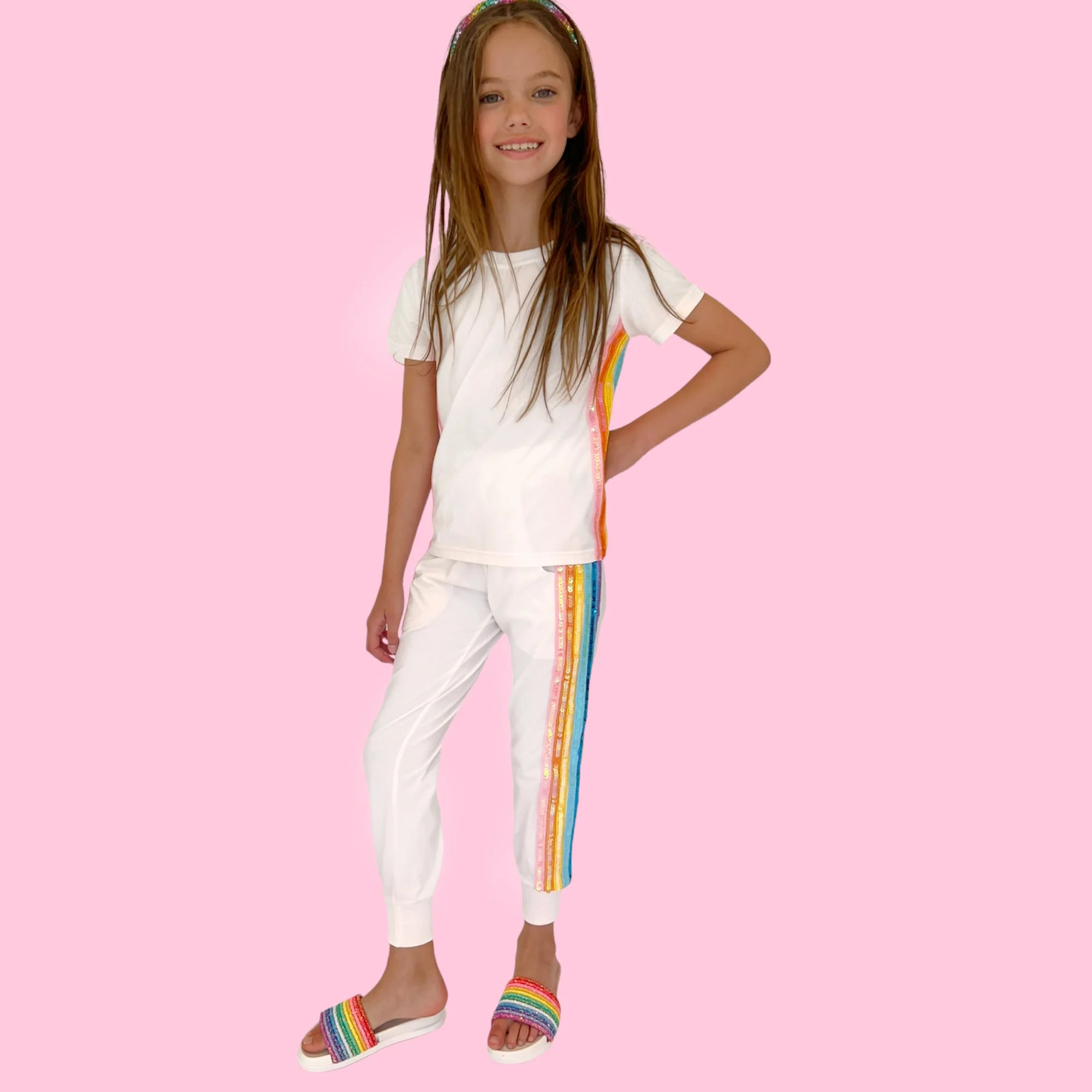 White Rainbow Sequin Jogger Set | Lola + The Boys