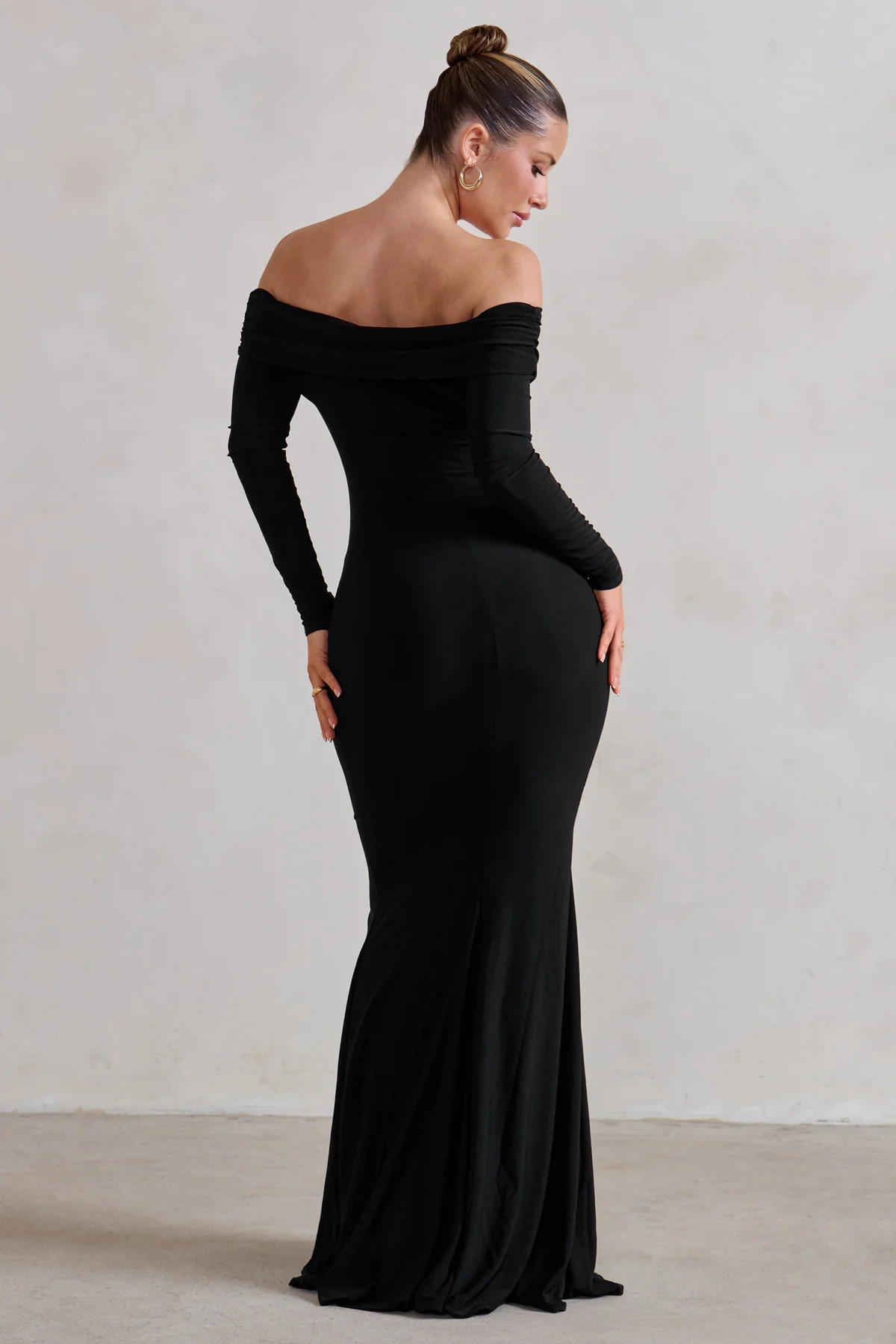 One Moment | Black Bardot Wrap Ruched Split Maxi Dress | Club L London