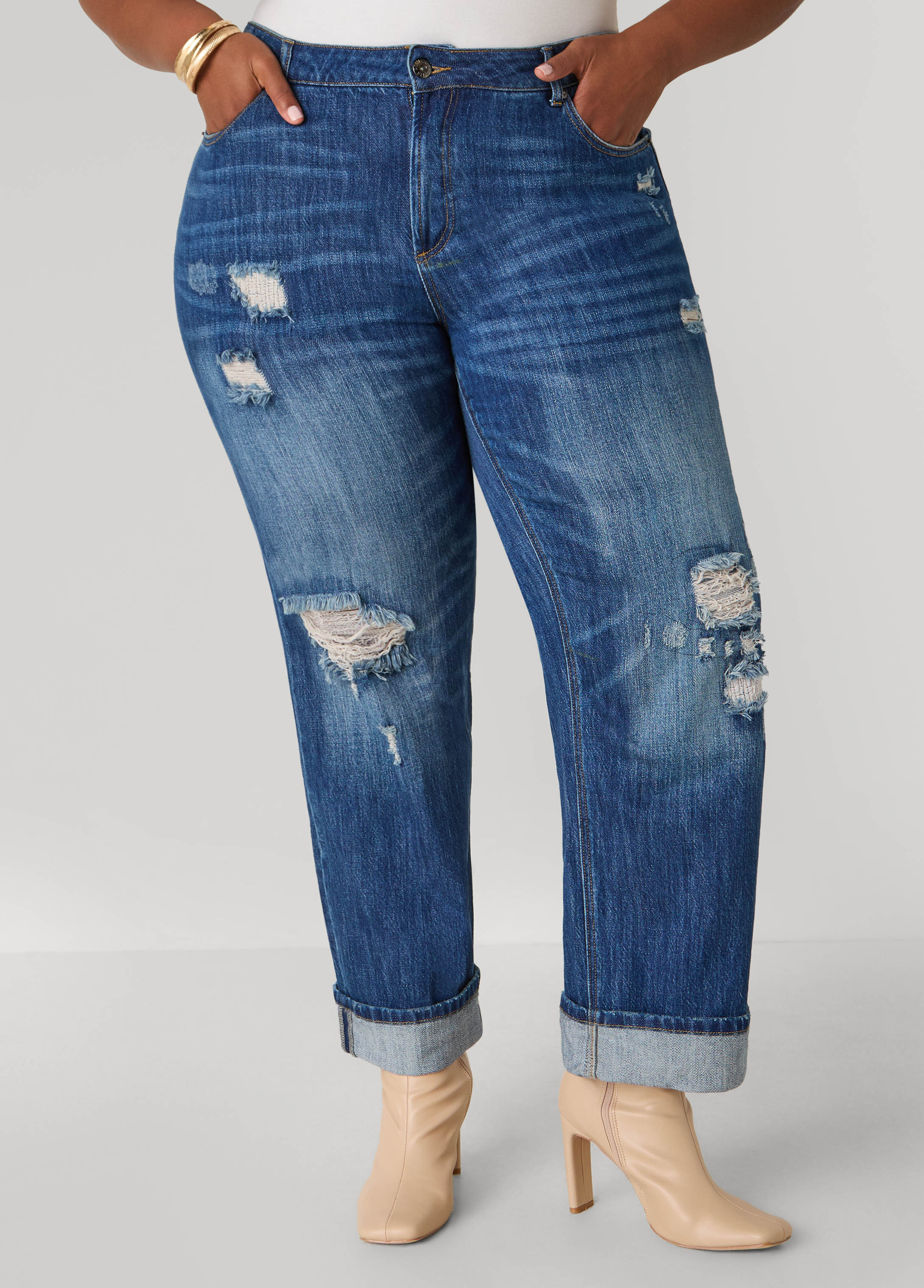 Distressed Straight Leg Jeans | Ashley Stewart