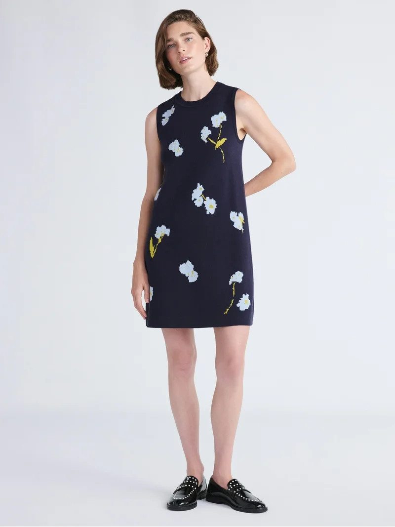 Free Assembly Women's and Women's Plus Sleeveless Floral Jacquard Mini Sweater Dress, Sizes XS-XX... | Walmart (US)