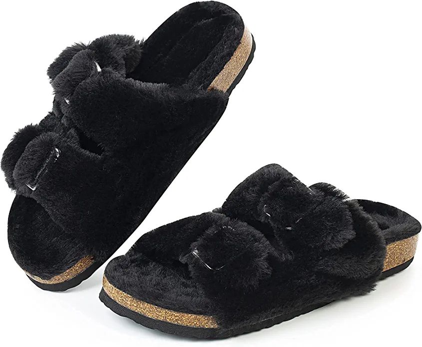 Amazon.com | FITORY Womens Open Toe Slipper with Cozy Lining,Faux Rabbit Fur Cork Slide Sandals S... | Amazon (US)