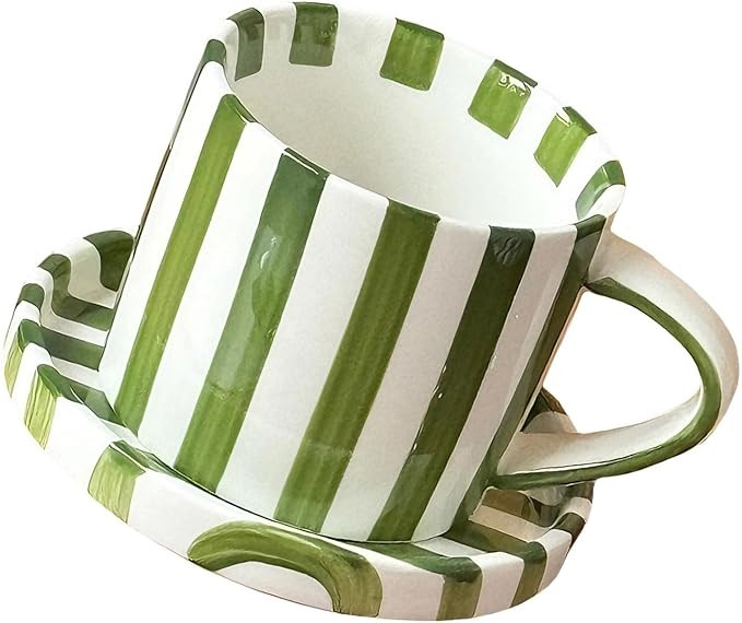 Striped Ceramic Coffee Cup and Saucer Set 5Inch Elegant Pattern for Daily Beverages Ergonomic Gri... | Amazon (US)