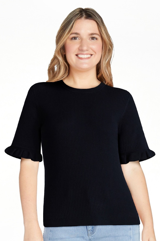 Time and Tru Women's Ribbed Sweater with Flounce Sleeves, Midweight, Sizes XS-XXXL | Walmart (US)