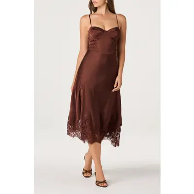 ASTR the Label Abrianna Lace Trim Satin Midi Dress in Eggplant at Nordstrom, Size X-Small | Nordstrom