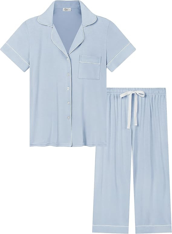 Joyaria Women Capri Pajamas Set Bamboo Viscose Pjs Short Sleeve Button Down Sleepwear | Amazon (US)