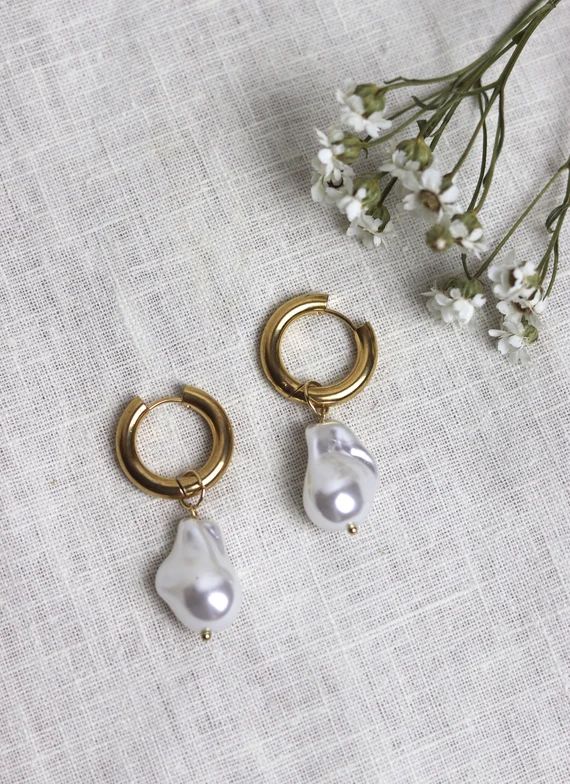 Irregular Pearl Drop Gold Hoop Earrings Costume Jewellery | Etsy UK | Etsy (UK)