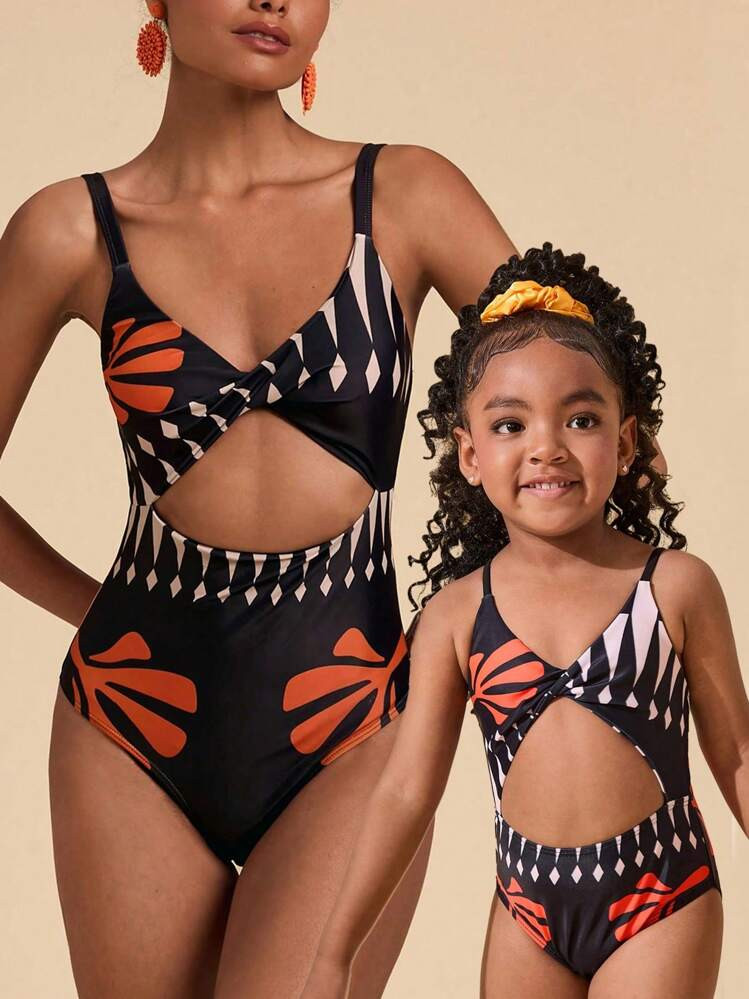 SHEIN Young Girl Resort Matching Family Swimwear, Mommy & Me Crochet Hollow One-Piece Jumpsuit, Suitable For Vacation, Beach, Travel (2 Sets Sold Separately) | SHEIN