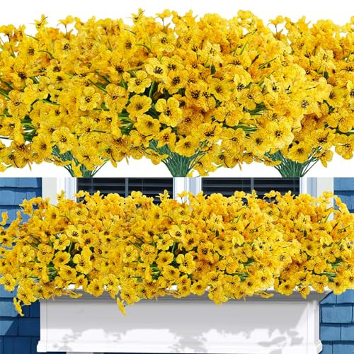 Uieke 16PCS Artificial Flowers for Outdoors UV Resistant No Fade Yellow Fake Flowers for Outside Home Garden Porch Window Box Home Summer Fall Décor (Yellow) | Amazon (US)