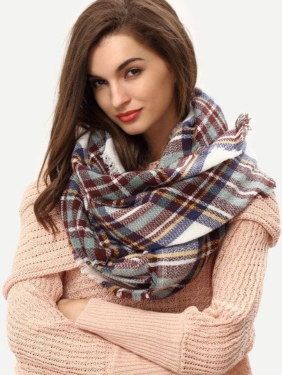 Plaid Frayed Beige Blue Scarf -SheIn(Sheinside) | SHEIN